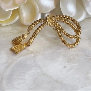 Vintage Gold Tone Twisted Rope Bow Dangling Tassel Statement Brooch